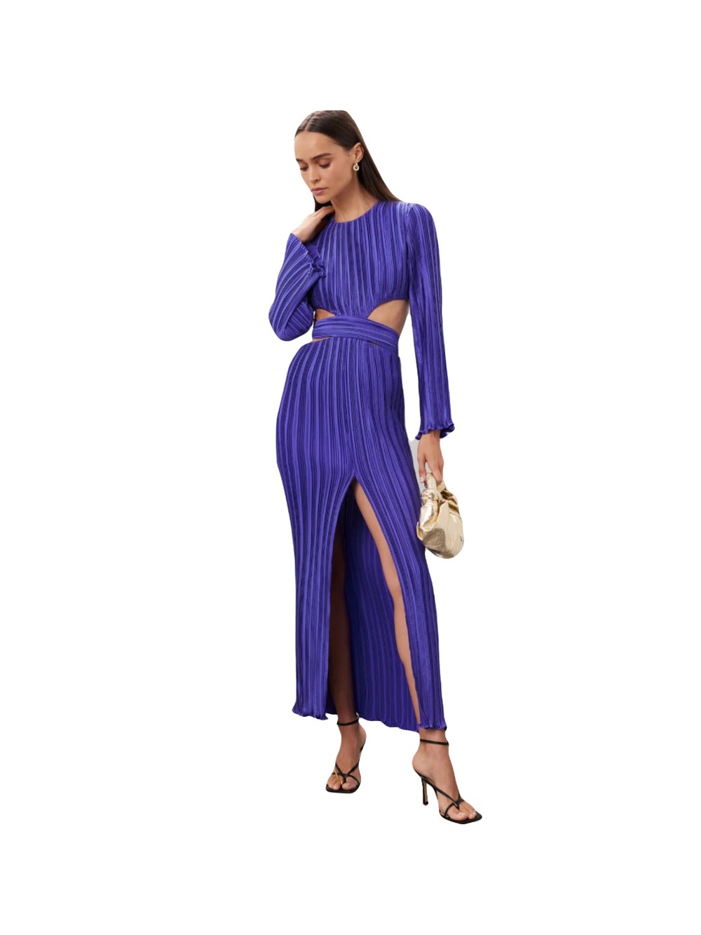 Aiifos size 12 Royal Blue Purple Pleated satin maxi dress long sleeve open side